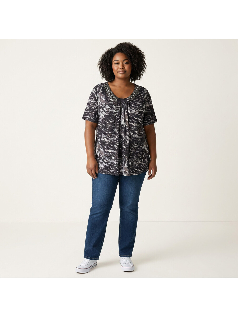 Jaclyn Smith Blouse Women 3X Plus Black Animal Print Short Sleeve Rhinestone